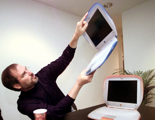 It was the laptop everyone wanted. Jobs launched the iBook in 1999 in two colors: Tangerine and Blueberry. The iBook was the first mainstream computer to come with integrated wireless networking using an antenna design that became industry standard.