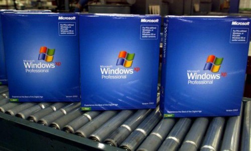 Windows XP boxes come off the assembly lines during simpler times. Microsoft offered only two versions of the operating system. [Microsoft]