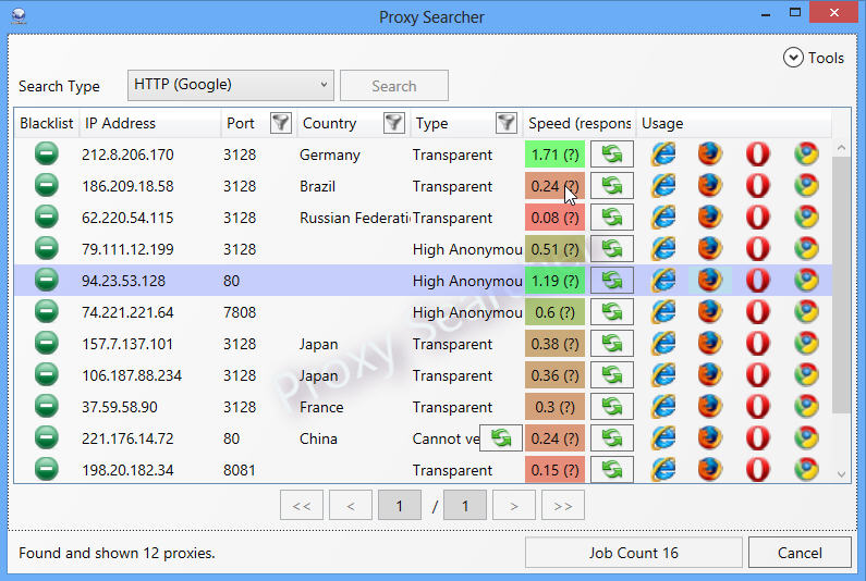 Burd’s Proxy Searcher lets you easily find, test and set up free proxies