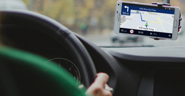 Nokia's HERE seen on a Samsung Galaxy Note 4 in a BMW car