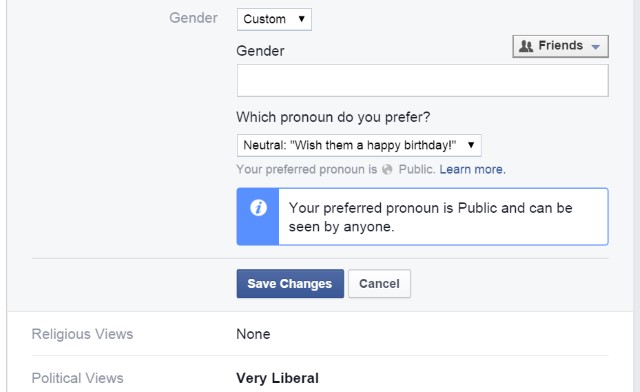 Facebook gender identity options