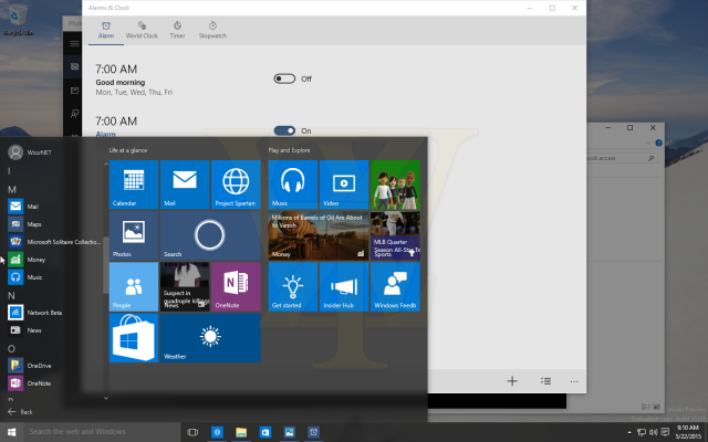 Windows 10 Build 10125 Leak Start screenshot with Alarms app background