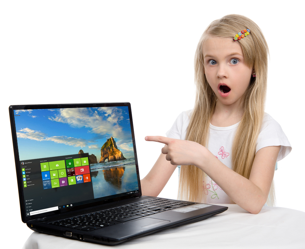 Surprised girl with Windows 10
