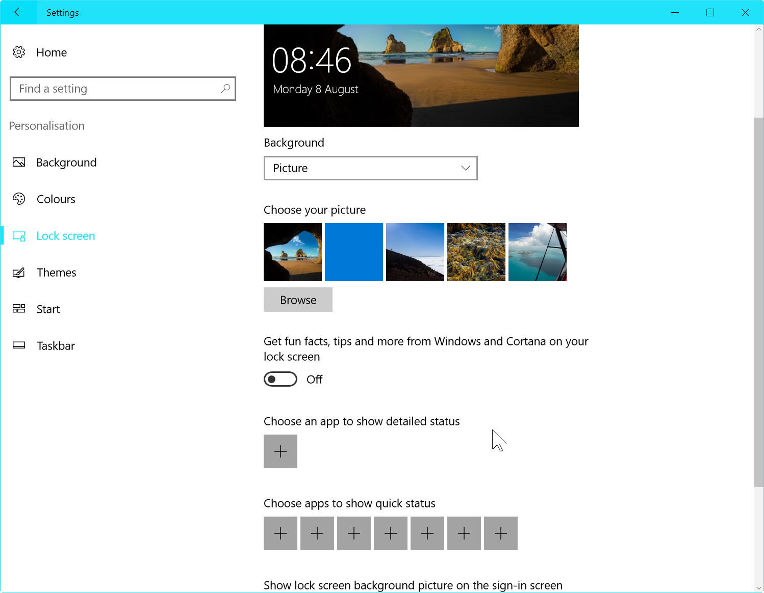 lock screen settings windows 10