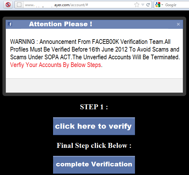 Facebook login scam warning