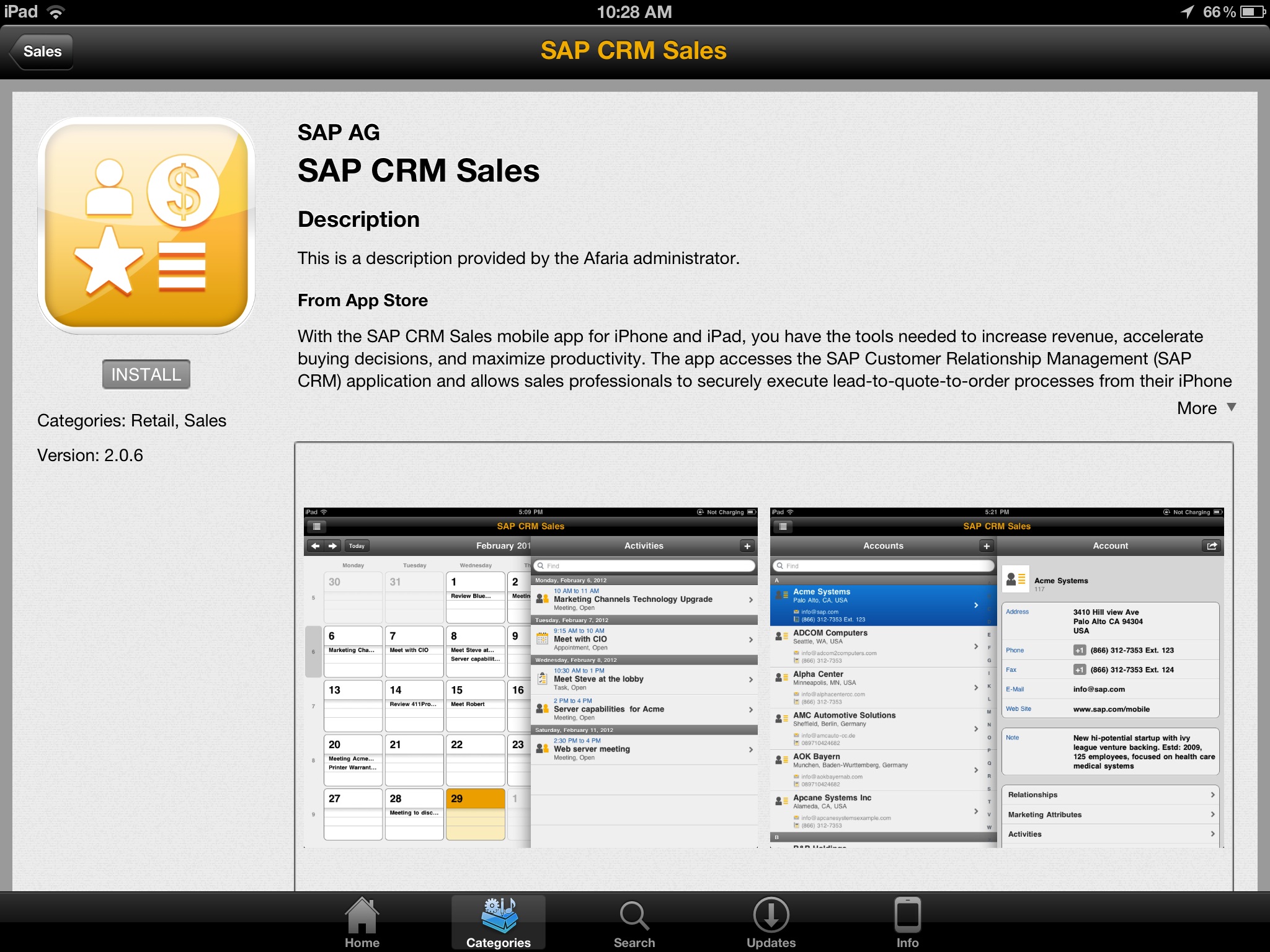 SAP Afaria app store page
