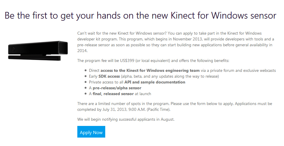 Developers can get the new Kinect for Windows sensor direct from Microsoft  for $399