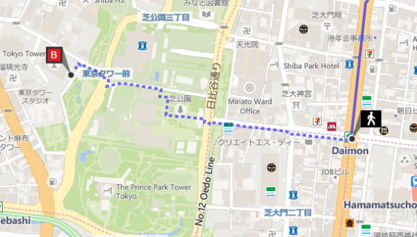 BingMapsExpandsTransitFeaturesinJapan-DetailedWalkingInstructionsTokyoTower