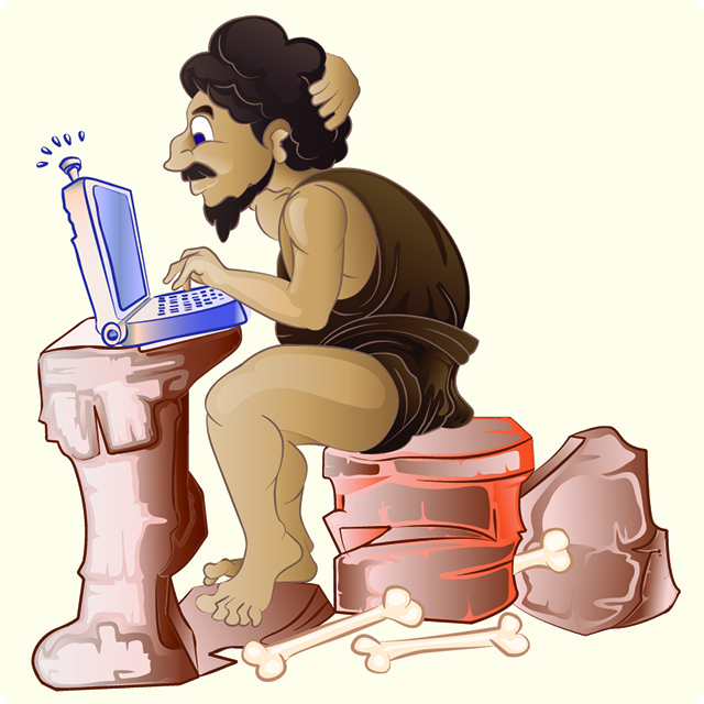 prehistoric man with laptop