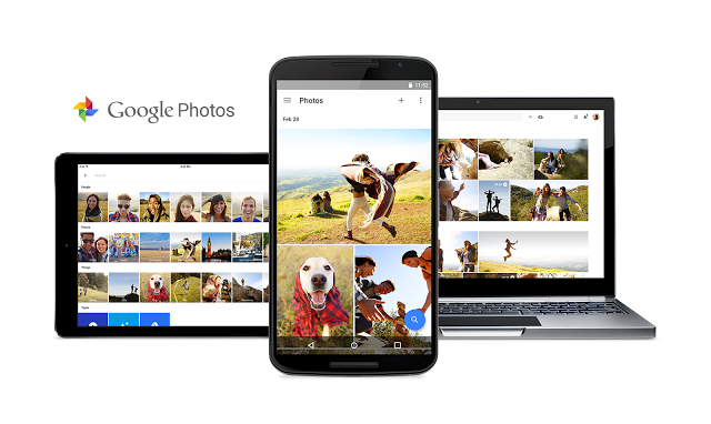 Google Photos shown on Chromebook, Android smartphone and tablet