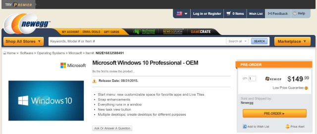 Pre-order Windows 10 Professional OEM for $149.99