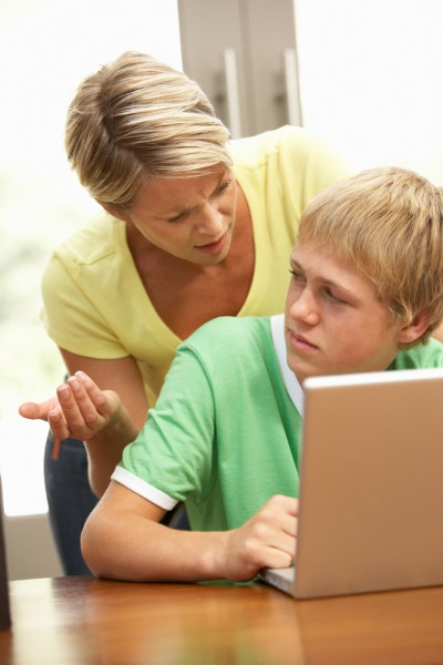 Mother and son laptop