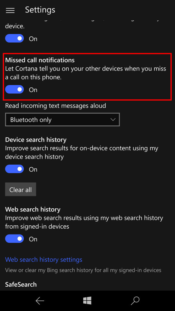 windows 10 mobile insider preview build 10572 cortana missed call settings 576x1024