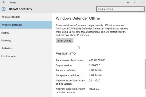 How to activate Windows Defender Offline in Windows 10