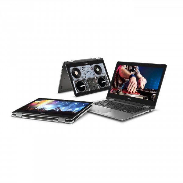 Three Dell Inspiron 13 7000 Series (Model 7368) 2-in-1 Touch notebook computers, codename Starlord, arranged in a circle with different orientations.