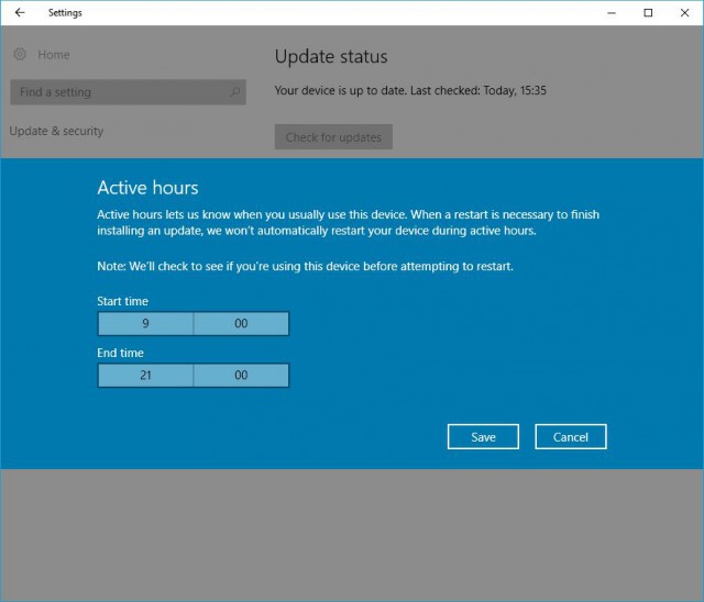 Windows 10 Anniversary Update -- Windows Update -- Active hours