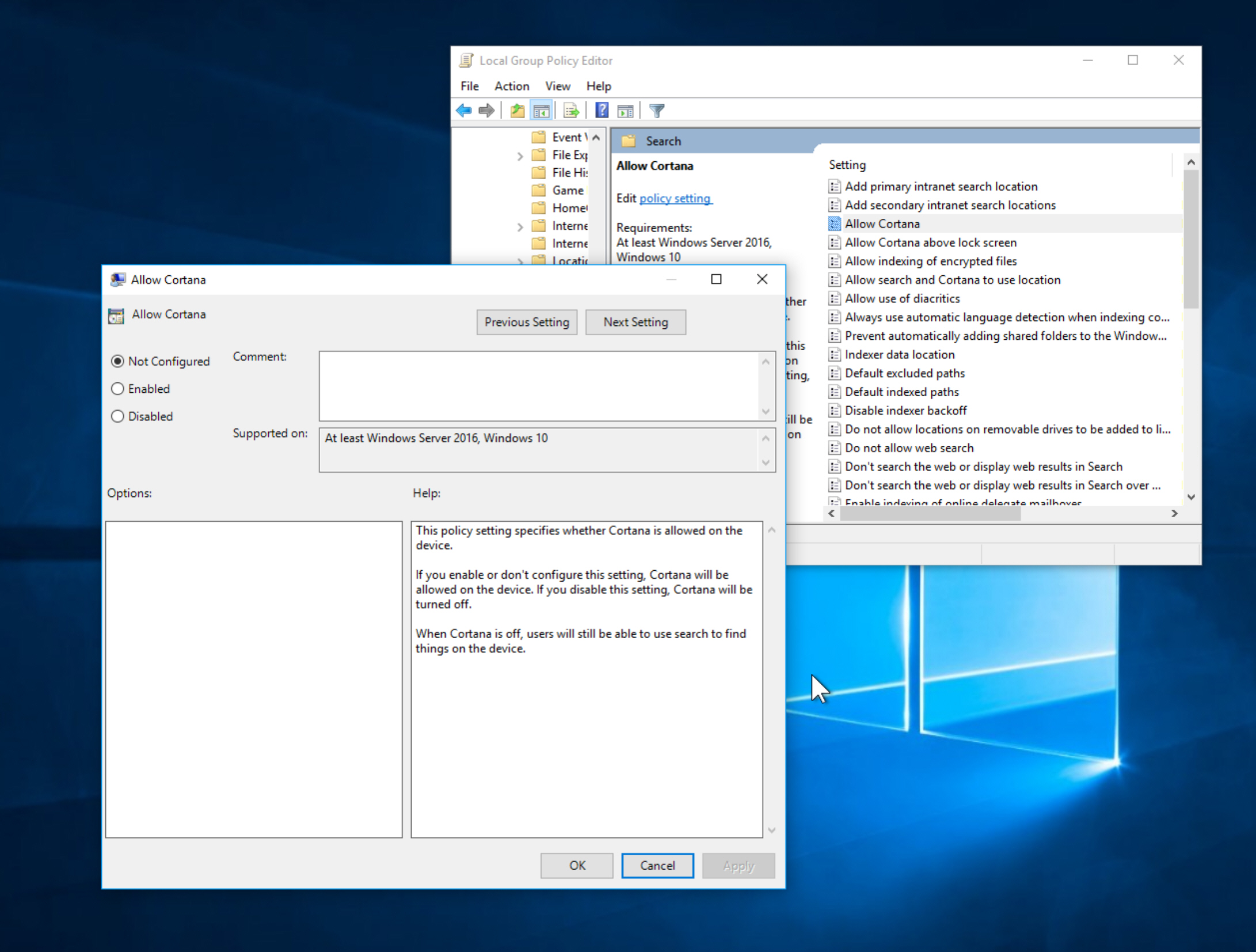 Disable window. Конфигурирование Windows 10. Групповая политика Windows search Windows 10. Administrative Templates Windows 10. Targetting Editor Windows Server.