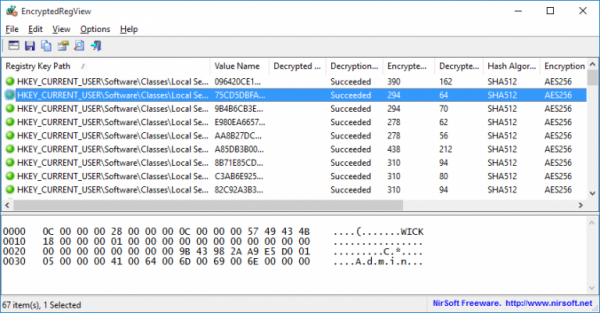 NirSoft's EncryptedRegView decrypts and displays secret Registry data