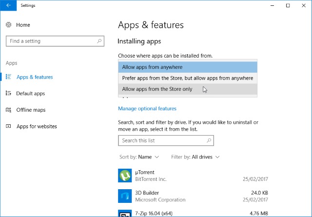 How to block the installation of non-Windows Store apps in Windows 10