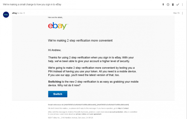 ebay mobile token sms two factor authentication
