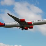 London Heathrow, United Kingdom - May 25, 2013: A Virgin Atlantic Airbus A340-600 with the registration G-VFIT on approach to London Heathrow Airport (LHR) in the United Kingdom. Virgin Atlantic Airways is a British airline with 43 planes and 5.5 million passengers in 2012.