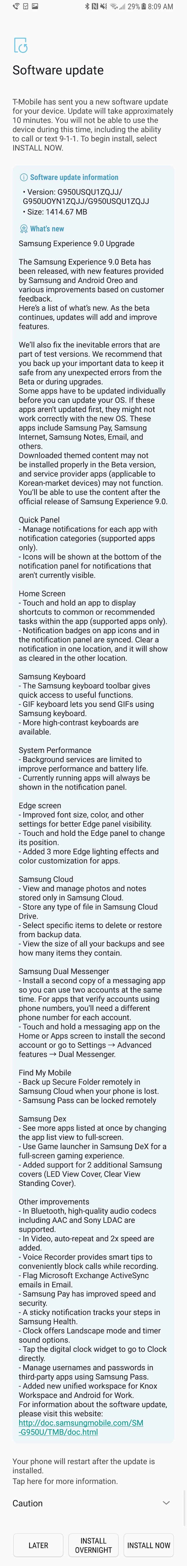 Samsung Galaxy S8 Android Oreo beta changelog