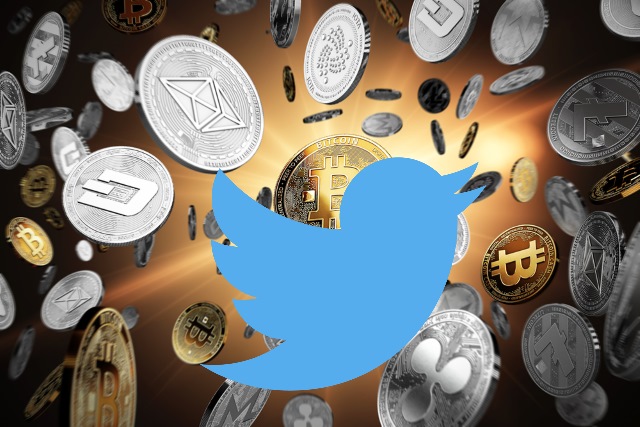 Twitter logo over cryptocurrency coins