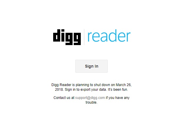 Digg Reader sign in page