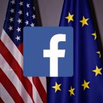 Facebook logo over US and European flags