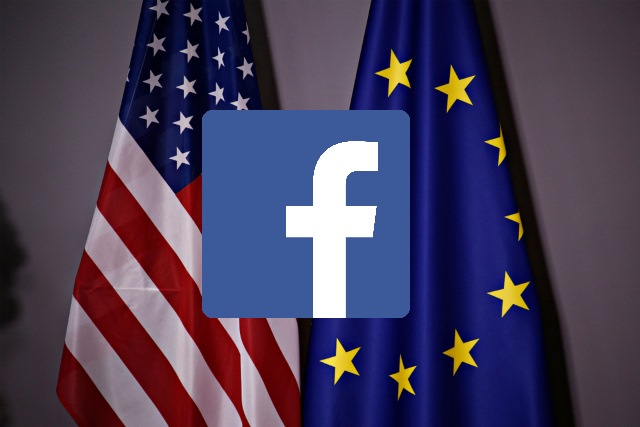 Facebook logo over US and European flags