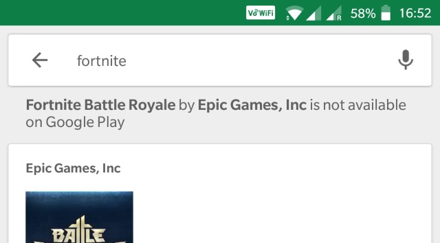 Google Play warns searchers that Fortnite is not available