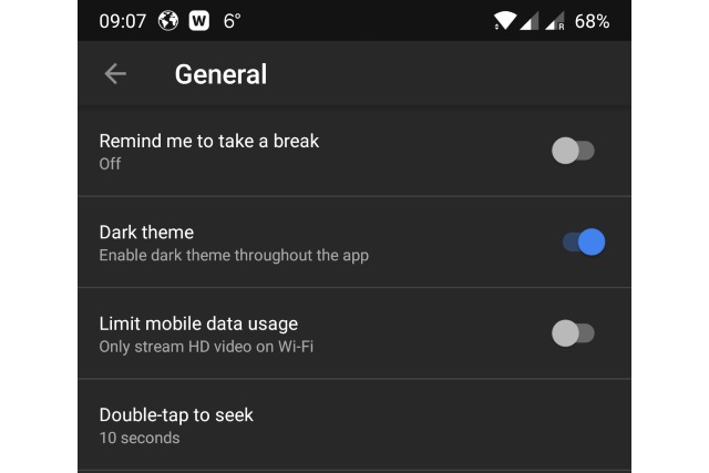 YouTube Android dark theme