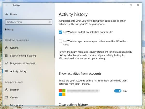 Windows 10 activity history