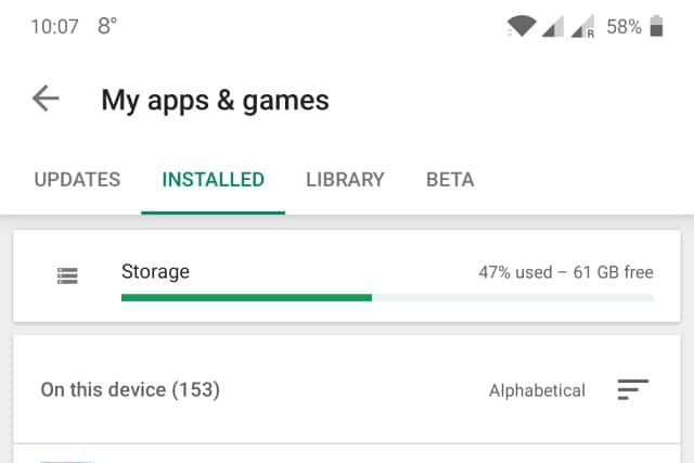 Google Play storage indicator