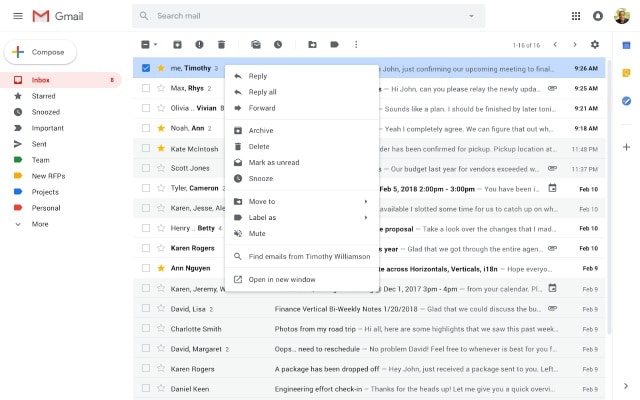 Gmail right click menu