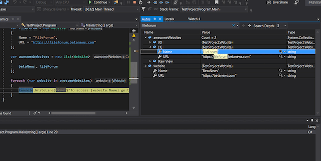 Visual Studio 2019 Search for values in objects