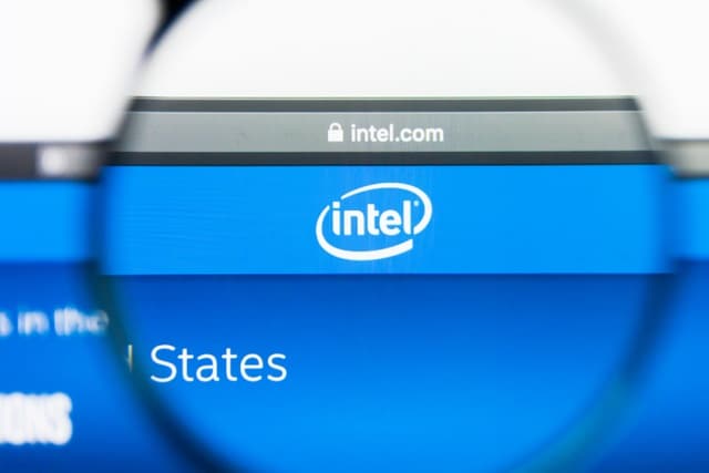 Intel logo under magnifying glass