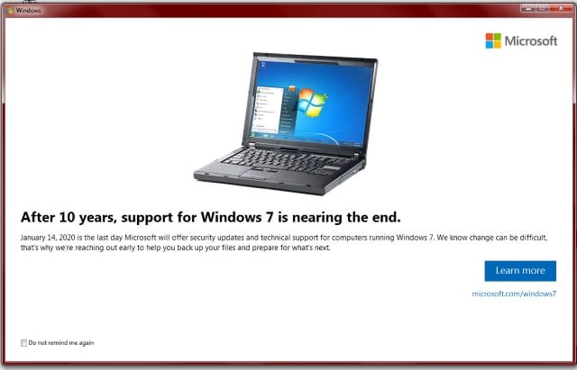 Microsoft displays warning messages in Windows 7 about the impending end of  support