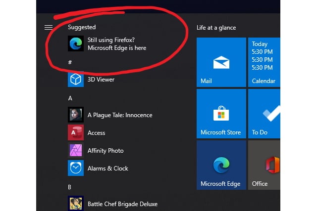 Start menu ad for Microsoft Edge