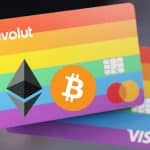 Rainbow Revolut card with cryptocurrency logos