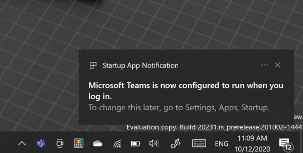 Startup app notification in Windows 10