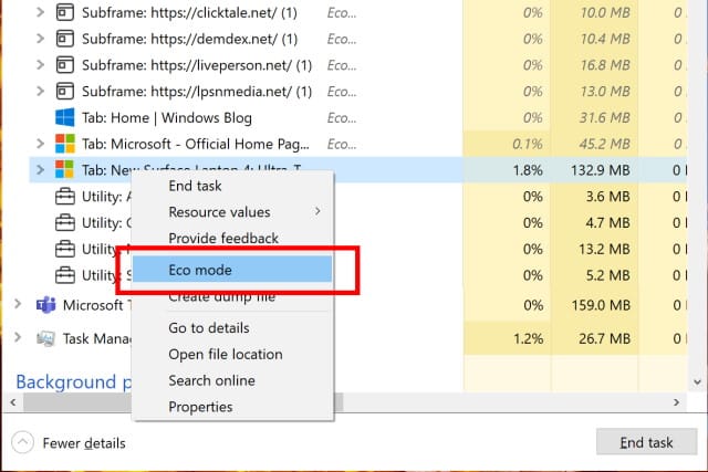 Windows 10 Task Manager Eco mode