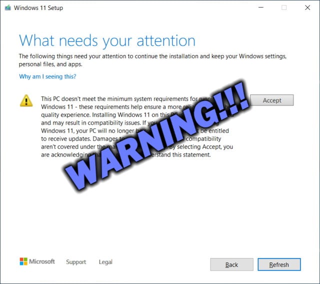 Windows 1 installation warning