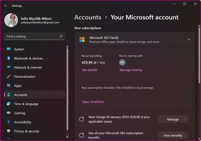 Microsoft Account settings in Windows 11