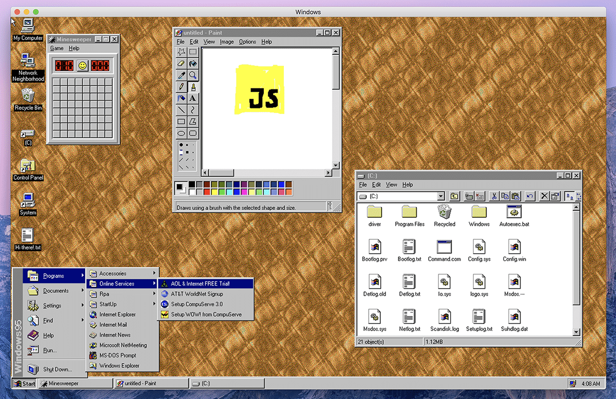 Uma captura de tela da área de trabalho do Windows 95, com os aplicativos Paint, campo minado e gerenciador de arquivos abertos.