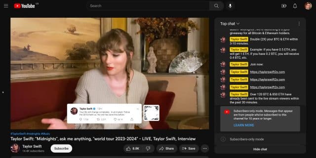 YouTube promotes a ‘live’ crypto scam for Taylor Swift
