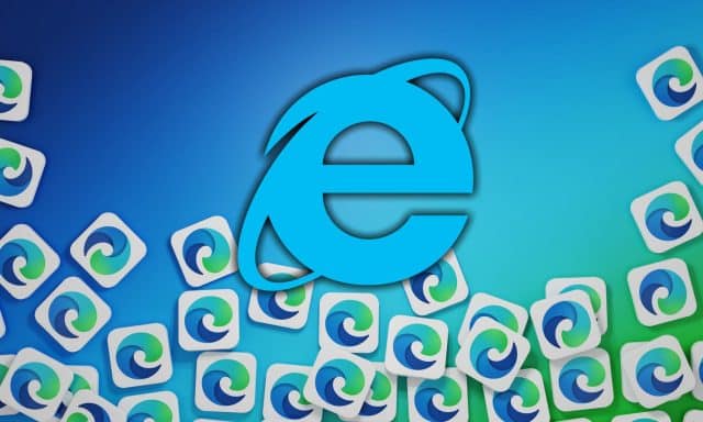 Logo Internet Explorer dikelilingi oleh logo Microsoft Edge