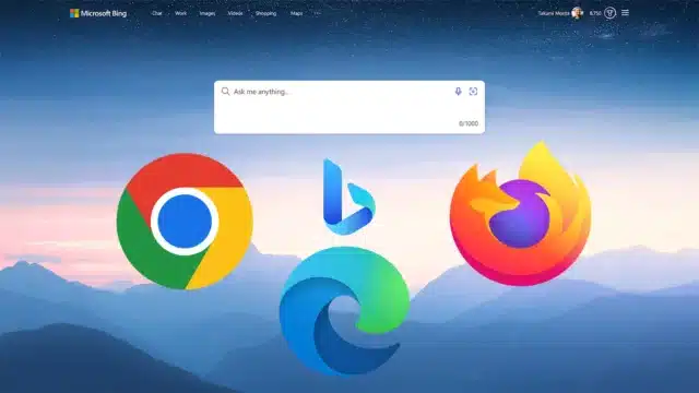 Bing Chat overlayed with Google Chrome, Microsoft Edge and Mozilla Firefox logos