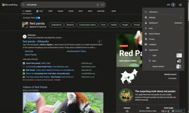 Microsoft Bing dark mode