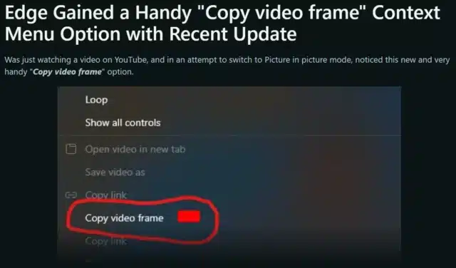 Copy video frame option in Microsoft Edge
